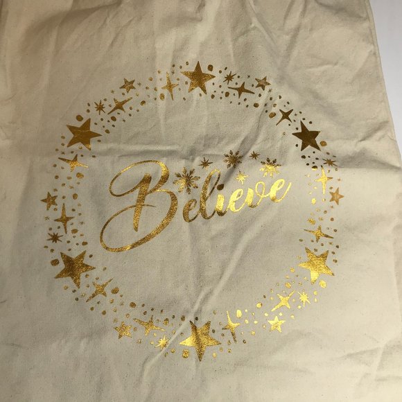New JUMBO Canvas Tote Christmas Santa's Toy Bag "Believe" Gold Letters Cotton - Picture 3 of 9